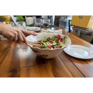Maxcera Cream Poppies Serving Bowl Large 10in White Red NWOT Floral Scalloped